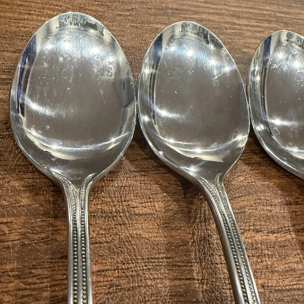 Salem 1776 Stainless SET OF 4 Oval Soup Spoons Beaded Edge Flatware Vintage 70s